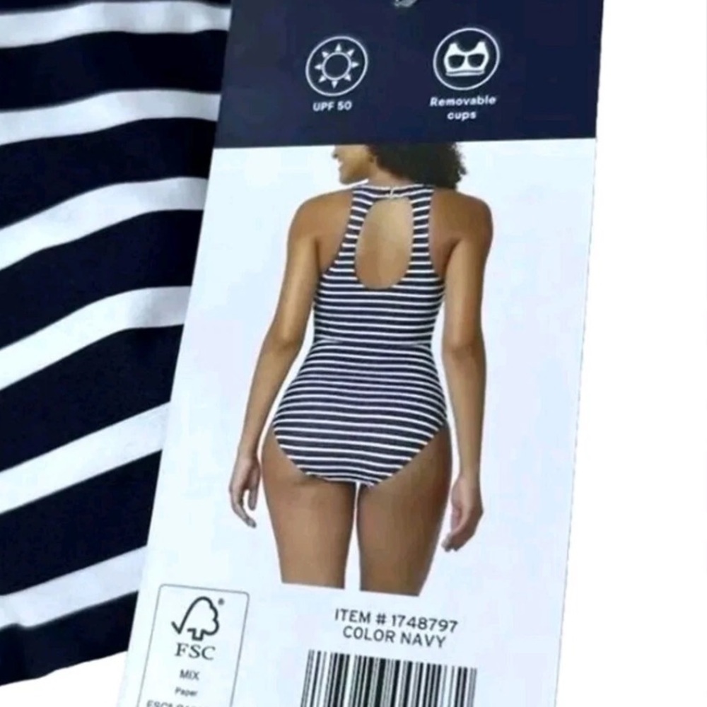 Lands' End Women's High Neck one piece Swimsuit Navy stripe built in cups - Picture 4 of 12